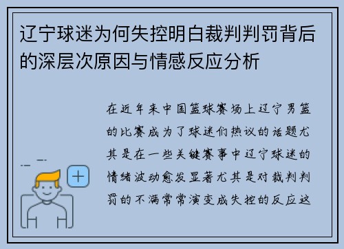 辽宁球迷为何失控明白裁判判罚背后的深层次原因与情感反应分析